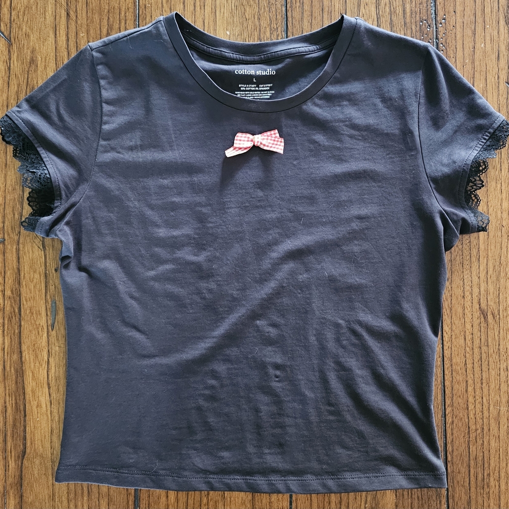 Cotton On Black Tee with Pink Bow Accent